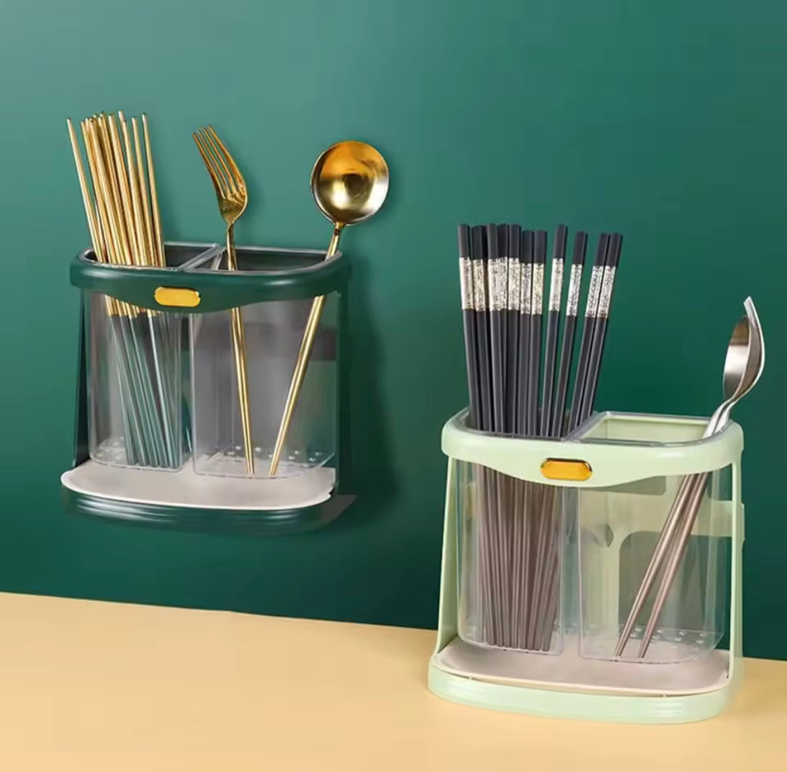 Wall Mounted Spoon Holder With Drain Tray, Double Grid Knife Forks Rack, Kitchen Cutlery Storage Organizer Wall Mounted Spoon Holder With Drain Tray, Double Grid Knife Forks Rack, Kitchen Cutlery Storage Organizer